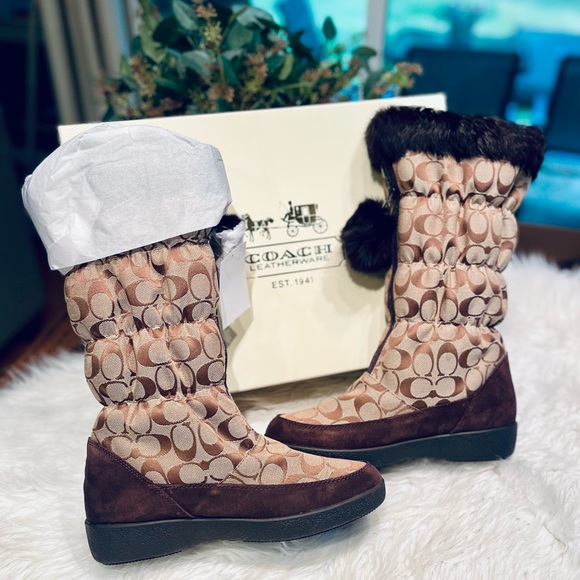 NIB! Coach Theona Snow Boots in Brown Signature Lined with Rabbit Fur - Picture 2 of 9
